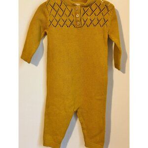 Fin & Vince Baby Knit Romper 6/12M Mustard Yellow Diamond Pattern Button-Up